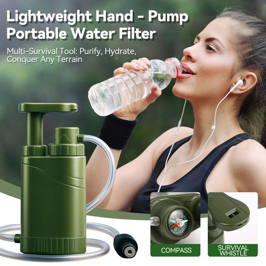Portable Water Filter Pump for Camping & Hiking - 0.01 Micron 4-Stage Filtration, Replaceable Carbon Filter, ABS Material, Survival Water Purifier for Backpacking, Emergency & Outdoor Adventures