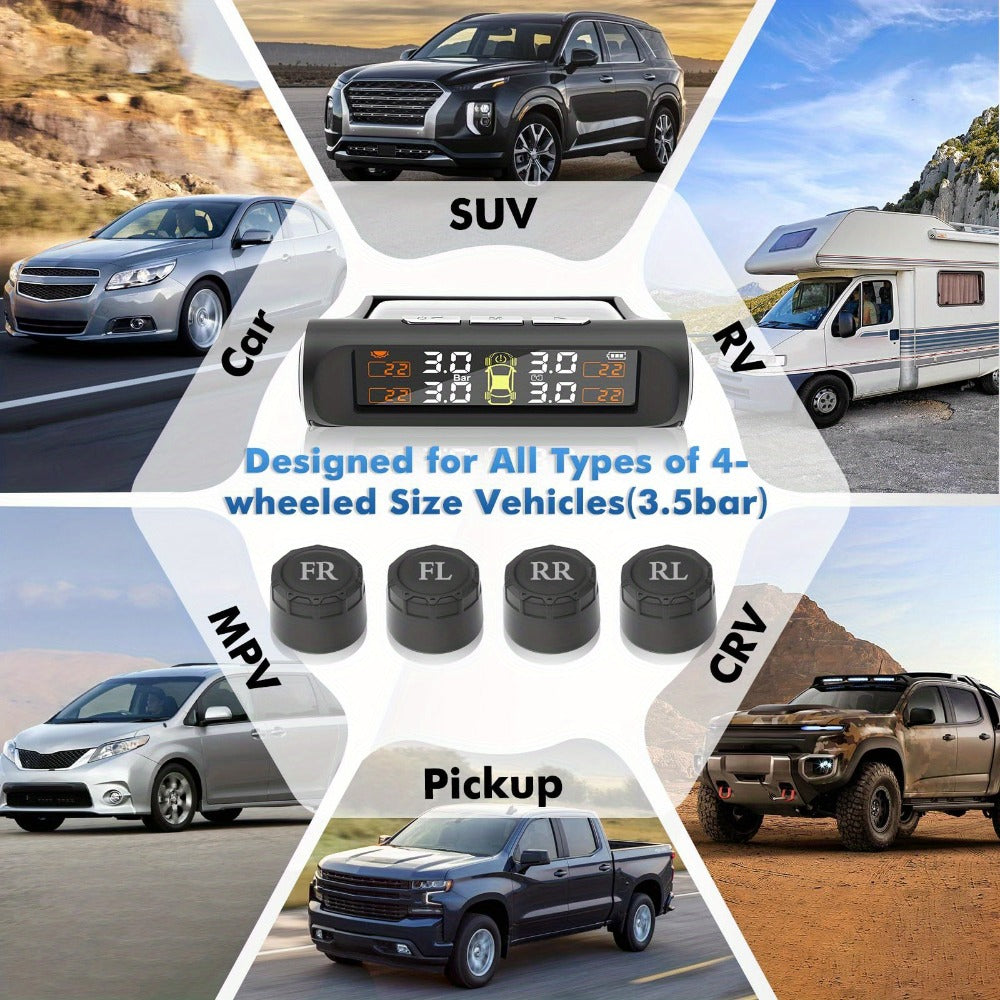 Solar TPMS Tire Pressure Monitoring System – Solar & USB Charging, 5 Alarm Modes, Color Display for 4-Wheel Vehicles
