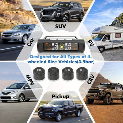 Solar TPMS Tire Pressure Monitoring System – Solar & USB Charging, 5 Alarm Modes, Color Display for 4-Wheel Vehicles