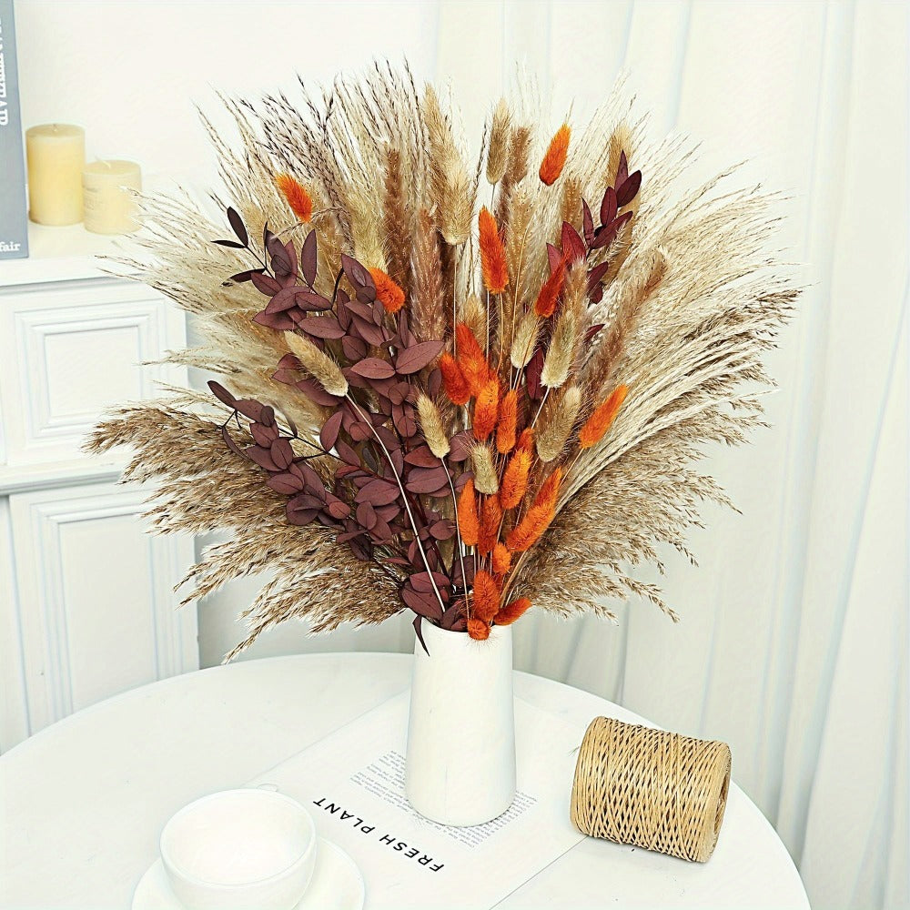 Artificial Pampas-Style Bouquet, 72-Piece 17-Inch Autumn Mix with Feathery, Reed and Leaf Stems