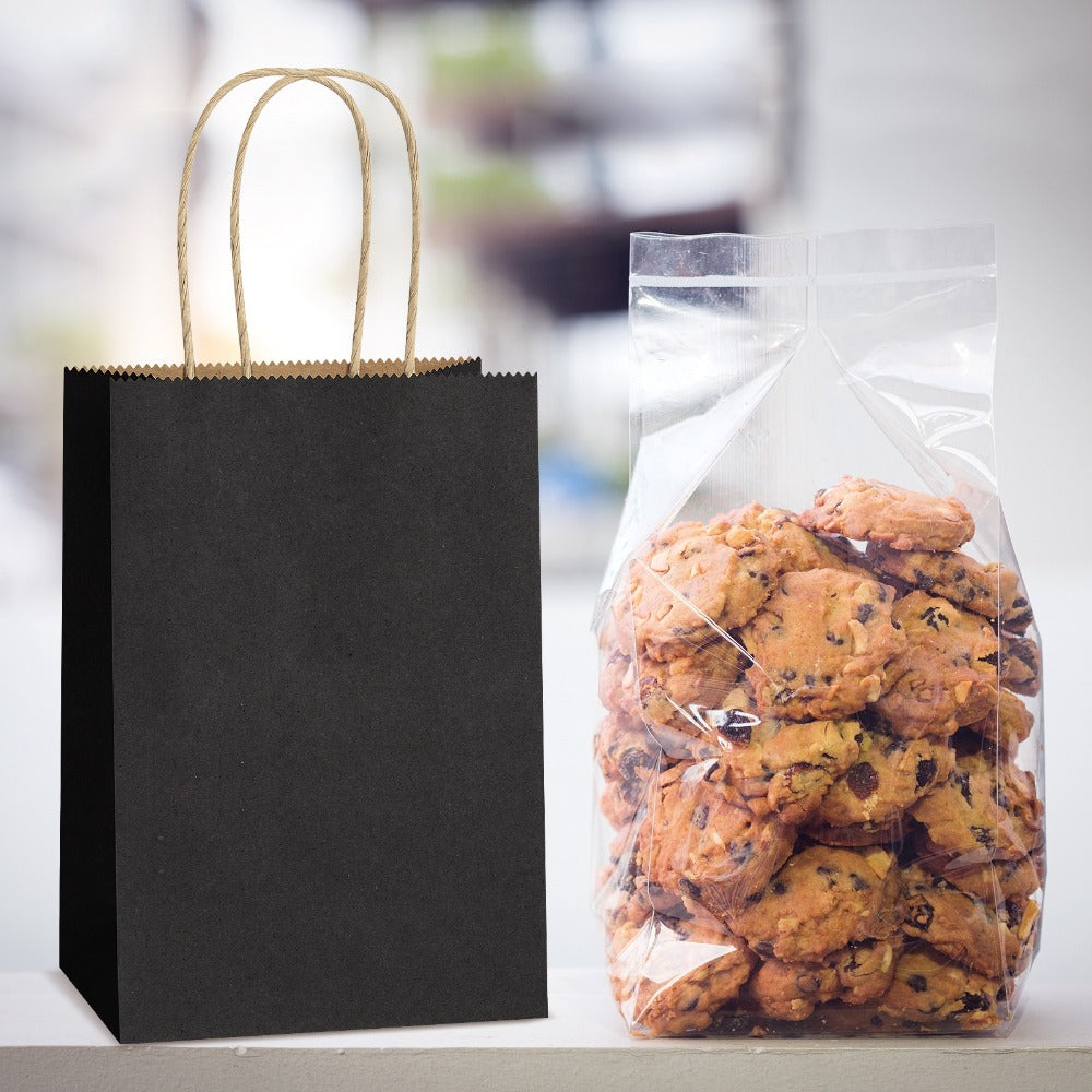 Gift Bag Set Small Kraft Paper, 100 Twisted-Handle Bags in Brown, Black or White, 4.25 x 2.85 x 7.85 Inches