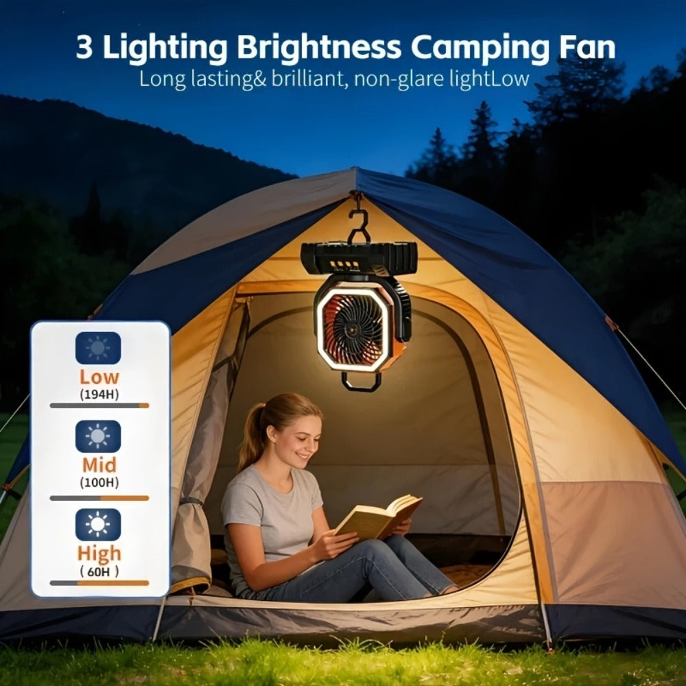 Camping Fan 20000mAh Tabletop and Hanging Fan with 4 Speeds, 13-59 Hour Labeled Runtime, LED Ring and Remote