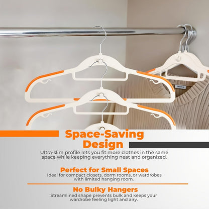 Non-Slip Clothes Hangers 50 Pack with 8 Clasps - Heavy Duty Space Saving Velvet Shoulder Strips Wardrobe Hangers for Shirts, Pants, Coats, Scarves, Wet Dry Use, Closet Organizer