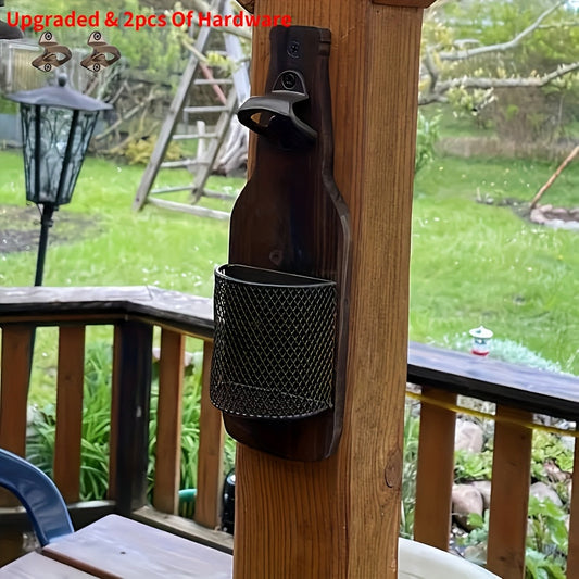 Wooden Bottle Opener Wall Mounted with Metal Cap Catcher – Handcrafted Rustic Beer Opener, Freestanding or Wall Mount, Holiday Gift for Men