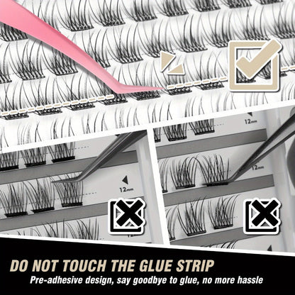 156Pcs No-Glue Lash Clusters Kit — Self-Adhesive Pre-Glued DIY Eyelashes with 2 Tweezers, Reusable Natural Look Cluster Lashes, No Remover No Residue False Eyelash Extension Kit for Women Beginners
