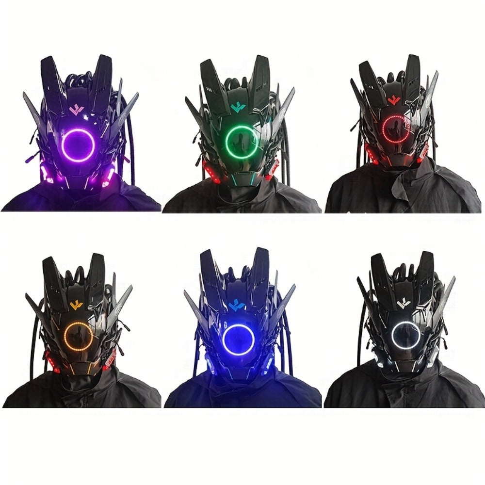 LED Cyberpunk Samurai Mask with Braids – Futuristic Sci-Fi Mechanical Face Mask for Halloween, Cosplay, Music Festival & Rave Party, Blue Green Pink, Free Helmet Included, Adult Gift