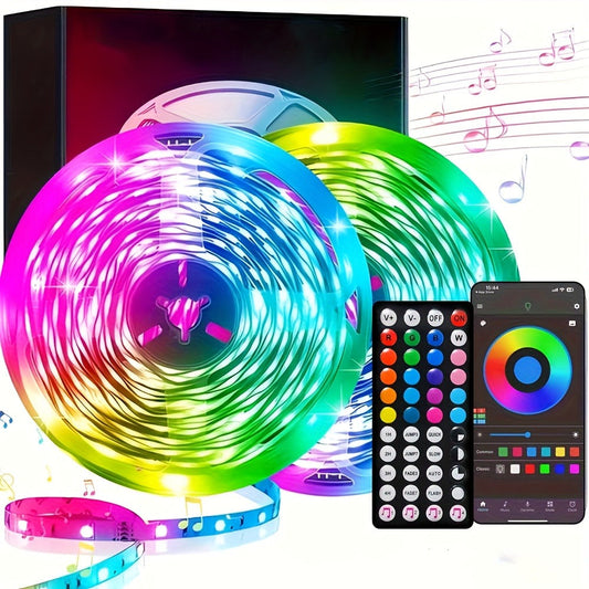 RGB LED Strip Lights 32.8ft Bluetooth Music Sync - 5050 Color Changing Tape Light, 44-Key IR Remote