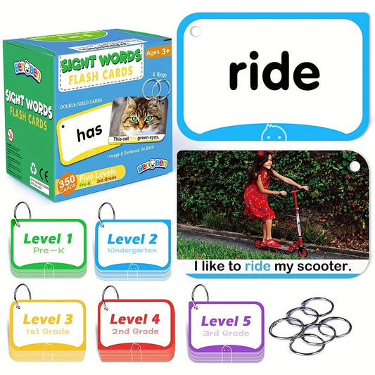 Sight Words Flash Cards 350 Dolch & Fry High Frequency Words – 5 Color-Coded Levels Pre-K to 3rd Grade, Laminated Double-Sided Reading Flashcards with Rings, Homeschool Classroom Gift for Kids Ages 3-9