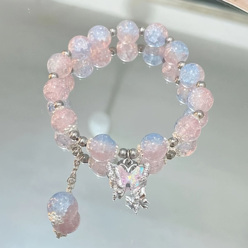 Long Ballerina Press On Nails 96 Pieces 4 Packs + 4 Bracelets Gift Set – Blue Gradient 3D Flower Butterfly Rhinestone Glossy Full Cover False Nails & Beaded Bangles for Women Girls | Prom Wedding Party