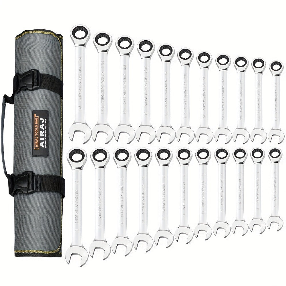 Twenty-Two-Piece SAE and Metric Combination Ratcheting Wrench Set with Storage Bag for Workshop Use