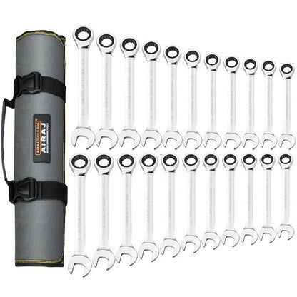 Twenty-Two-Piece SAE and Metric Combination Ratcheting Wrench Set with Storage Bag for Workshop Use