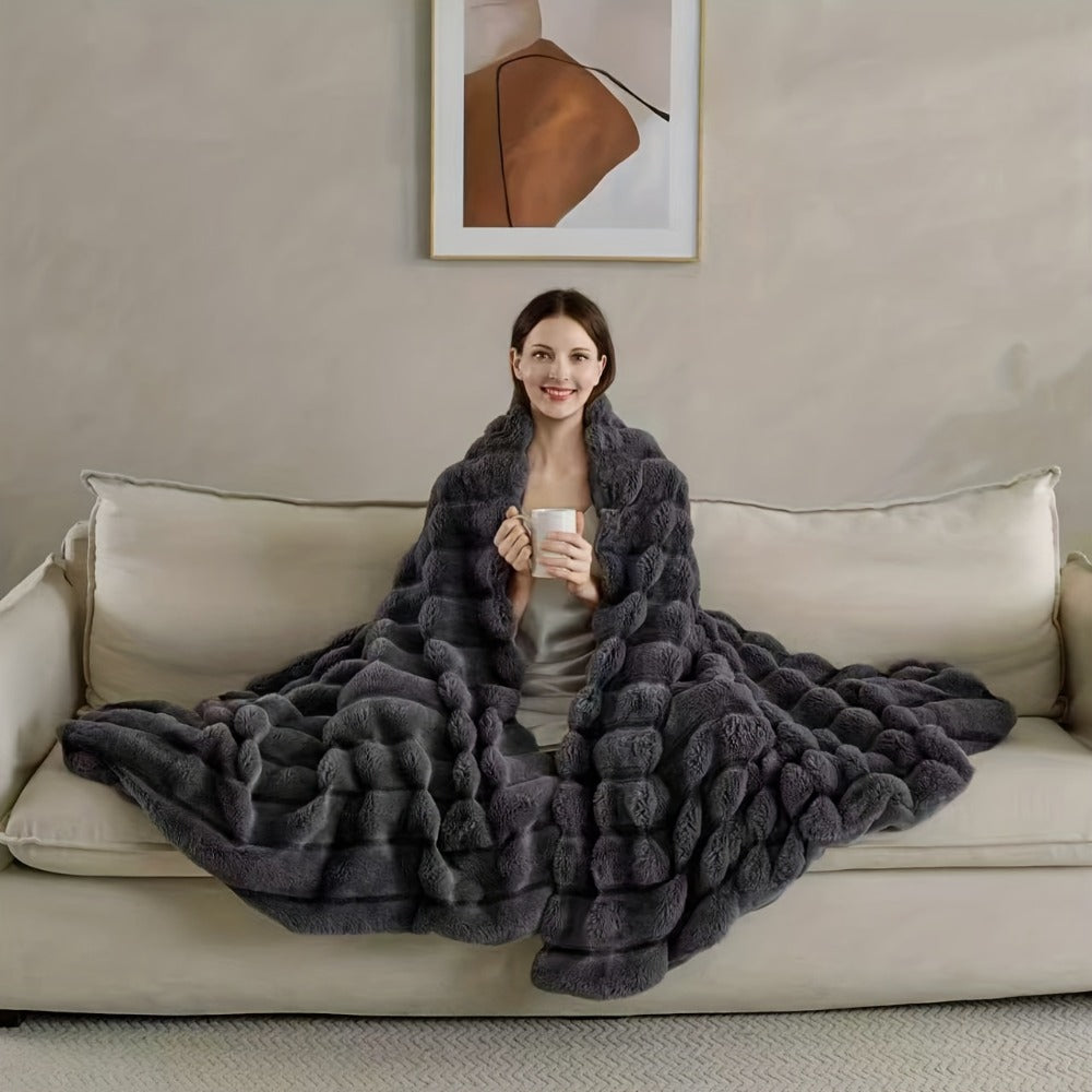 Double-Layer Faux Rabbit Fleece Blanket in Grey, Khaki or Beige with Five Sizes from Small Throw to King