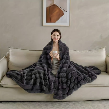 Double-Layer Faux Rabbit Fleece Blanket in Grey, Khaki or Beige with Five Sizes from Small Throw to King