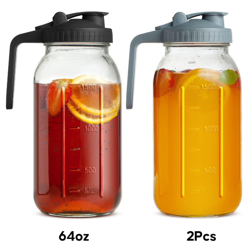 Mason Jar Pitcher 64oz Wide Mouth Glass Pitcher with Pour Spout & Handle – 2 Pack Leak Proof Iced Tea Pitcher for Fridge, Coffee Creamer, Sun Tea & Juice
