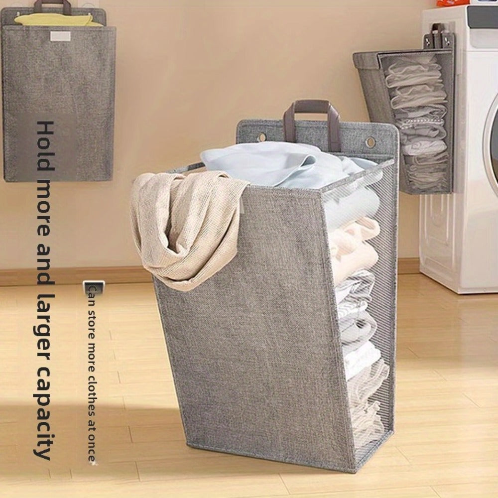Large Gray Wall-Mounted Foldable Laundry Hamper with Lid for Bedrooms, Bathrooms and Living Rooms
