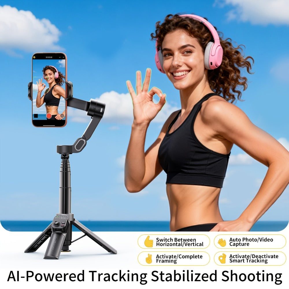 AOCHUAN Foldable 3-Axis Gimbal Stabilizer with Extendable Pole & Panoramic Gesture Control – AI Face Tracking Phone Gimbal, Magnetic Wireless Remote, 360° Rotation for Vlogging, Live Streaming & Travel