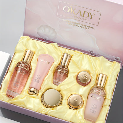 7-Piece Pearl-Themed Skincare Gift Set with Coordinated Facial-Care Bottles and Jars in a Fitted Box