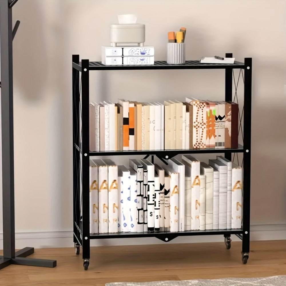 Three-to-Five-Tier Wheeled Storage Rack with Foldable Shelves and Black or White Configurations