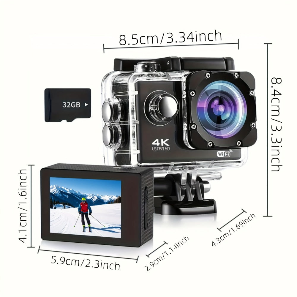 4K-Labeled WiFi Action Camera with 170-Degree Lens, 2-Inch Display, 32GB Card, Remote and Mounting Kit