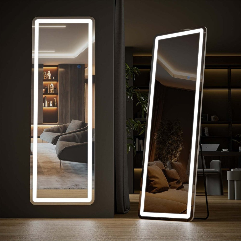 Full Length Mirror with LED Lights & Touch Sensor, 64"x21" Dimmable Smart Floor Mirror, Wall Mount or Freestanding