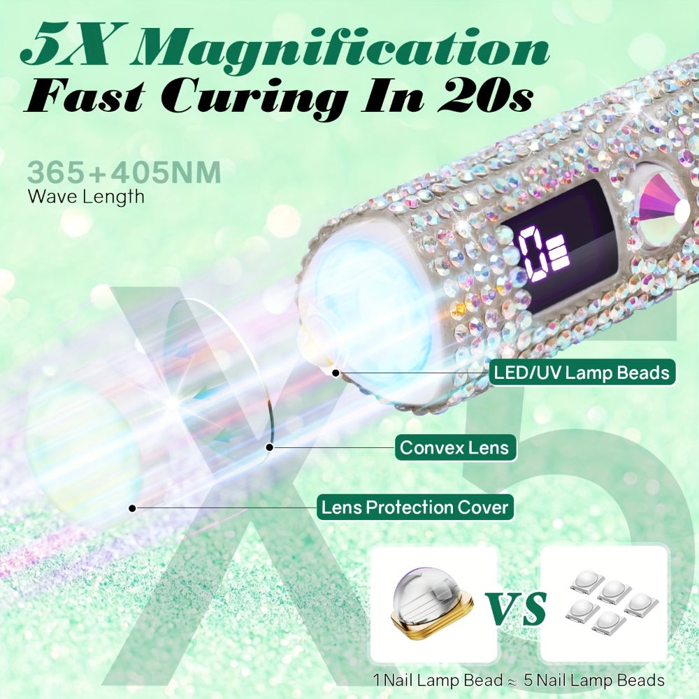Rhinestone Handheld UV/LED Nail Lamp with 365nm/405nm Markings, 20s/60s Timers and USB Charging
