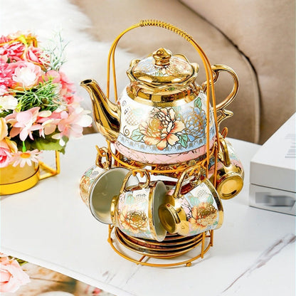 Twenty-Piece Floral Ceramic Tea Set with 15-Ounce Teapot, Six Cups, Saucers, Spoons and Gold Rack