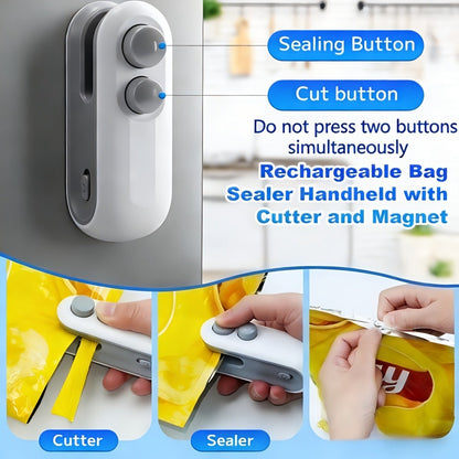 Mini Bag Sealer 2-Pack USB-C Rechargeable 2-in-1 Heat Seal with Cutter – Magnetic Storage Bag Resealer for Plastic Snack Food Bags | Airtight Freshness Keeper Portable Kitchen Gadget White