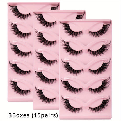 Cat-Eye False Eyelashes Set with 15 Pairs in Three Pink Storage Trays and Clear Lash Bands