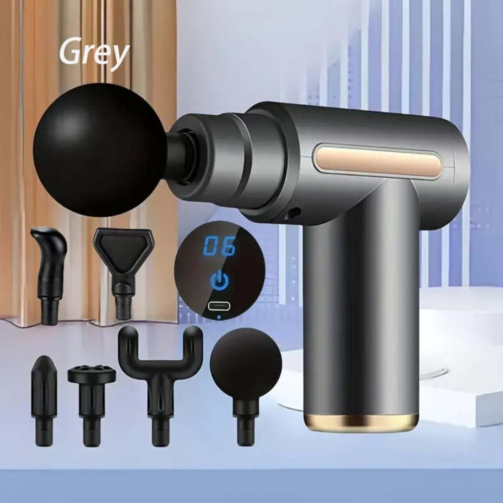 Compact Massage Gun with Digital Control Display, Multiple Pictured Heads and Four Color Options