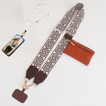 Phone Lanyard Crossbody Strap with Zipper Pouch, Beaded Charm and Five Exact Printed or Solid Styles