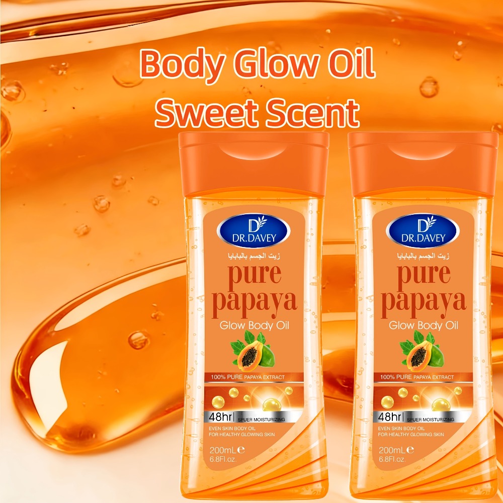 Papaya Glow Body Oil, Two-Piece Set of 200ml Flip-Top Bottles with Coordinated Orange Labels