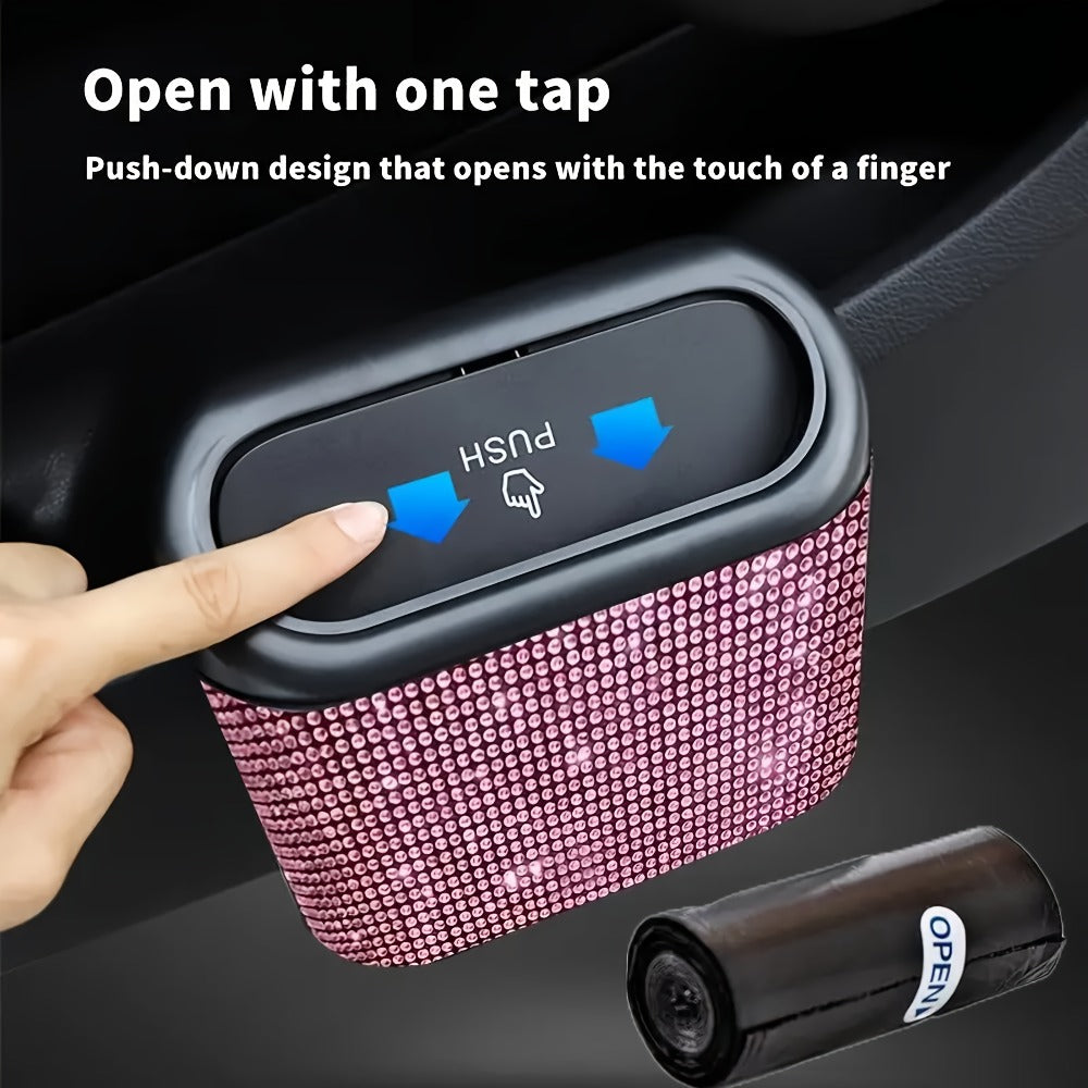 Car Trash Can with Lid & Rhinestone Bling – Hanging Leakproof Auto Garbage Bin with 2 Trash Bags, Concealed Interior Storage for Vehicle Door, Seat Back, Home & Office (3pcs Set)