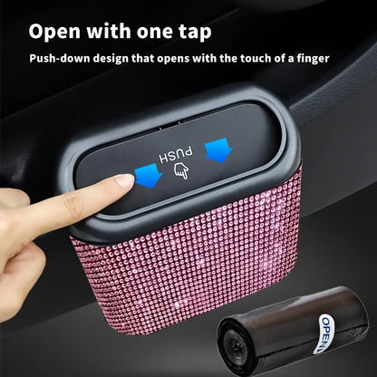 Car Trash Can with Lid & Rhinestone Bling – Hanging Leakproof Auto Garbage Bin with 2 Trash Bags, Concealed Interior Storage for Vehicle Door, Seat Back, Home & Office (3pcs Set)