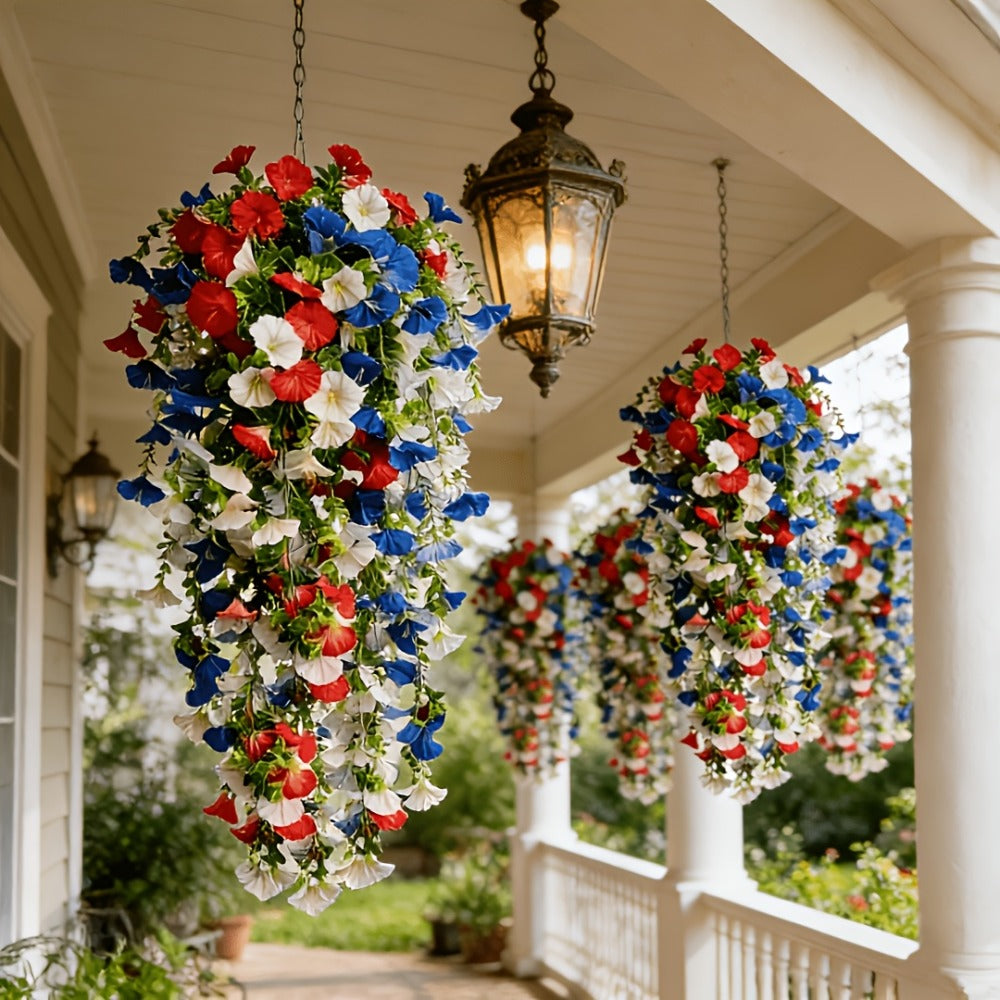 Artificial Flowers Six-Piece Hanging Morning Glory Vine Set in Red White and Blue for Seasonal Decor