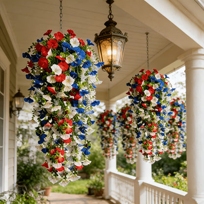 Artificial Flowers Six-Piece Hanging Morning Glory Vine Set in Red White and Blue for Seasonal Decor