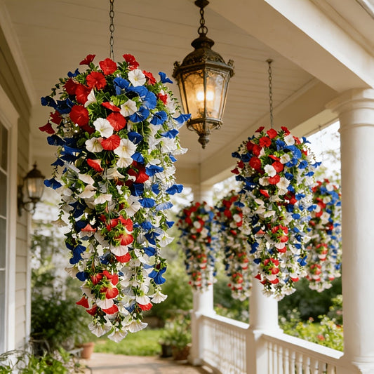 Artificial Flowers Six-Piece Hanging Morning Glory Vine Set in Red White and Blue for Seasonal Decor