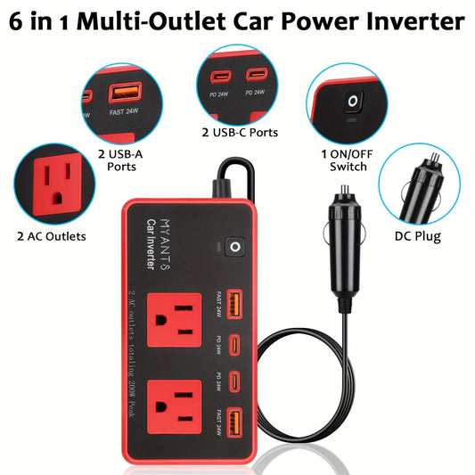 Vehicle Power Inverter 200W DC 12V to AC 110V 120V with 24W PD USB-C Fast Charging QC3.0 Multi-Port Car Charger Adapter for Phone Tablet Laptop Travel Road Trip
