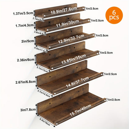 Six-Piece Wall Shelf Set in Graduated Sizes with White, Brown or Black Finish for Layered Displays