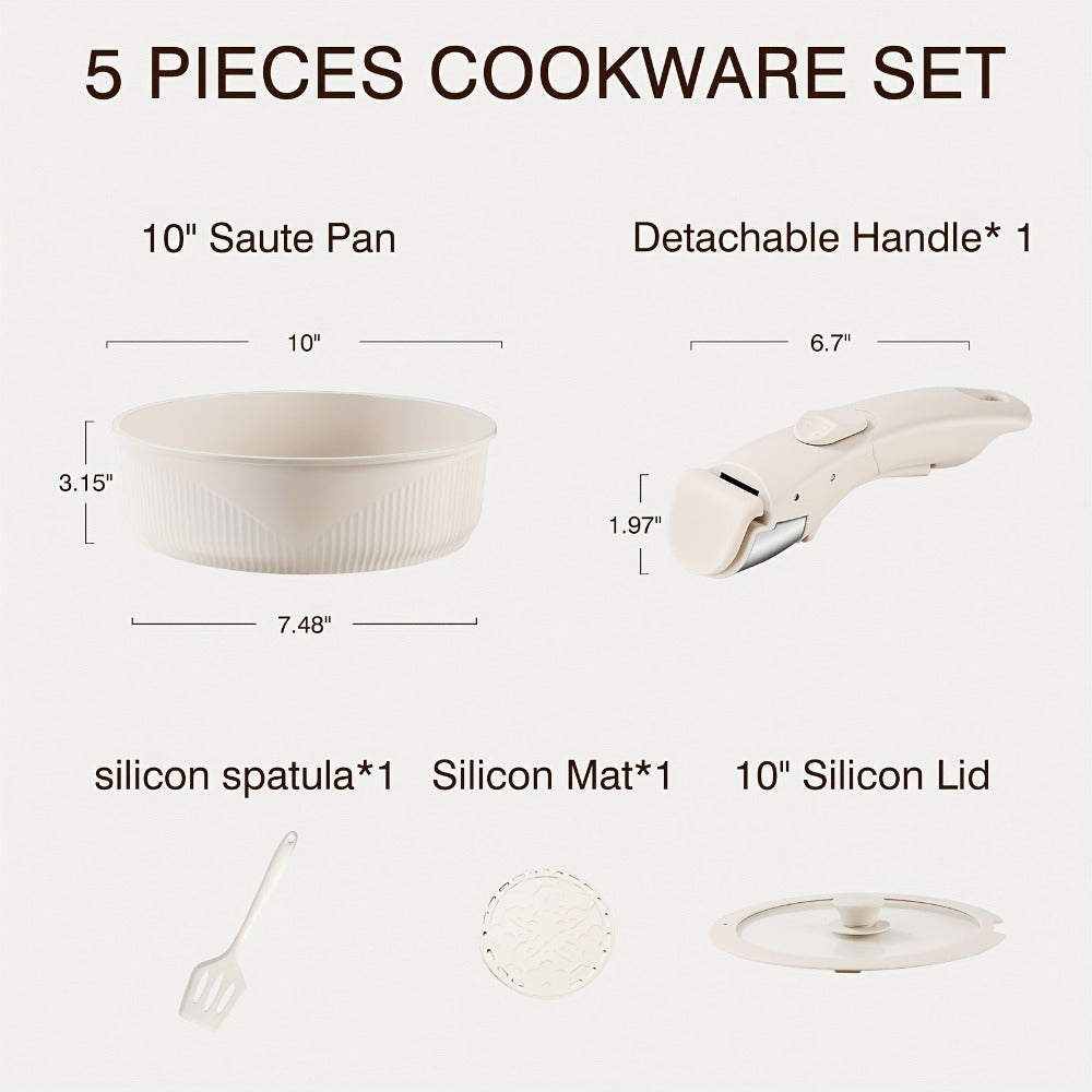 Detachable-Handle Cookware Set in 5-, 7- or 24-Piece Configurations with Stackable Pots, Pans and Lids