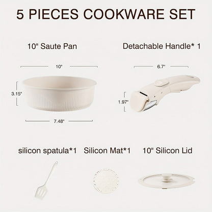 Detachable-Handle Cookware Set in 5-, 7- or 24-Piece Configurations with Stackable Pots, Pans and Lids