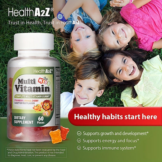 Kids Multivitamin Gummies 60ct with D3, Vitamins A, C, E, B6, B12, Folic Acid, Zinc & Choline for Brain, Eye, Bone & Immune Support, Appetite Boost & Healthy Growth for Children
