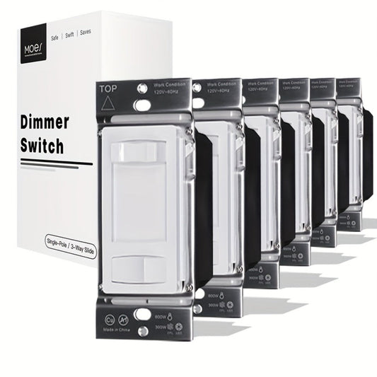 MOES Slide Dimmer Light Switch 3-Way & Single Pole No Neutral Wire – 600W Max, Compatible with LED CFL Incandescent Halogen, On/Off Dimming Control, Bedroom Hallway Living Room, Black & White (2/6-Pack)