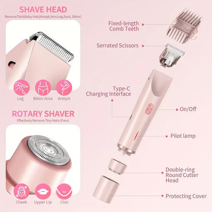 Bikini Trimmer Electric 2-in-1 Rechargeable Dual-Head Face Shaver for Women - Stainless Steel Blade USB Cordless Hair Remover for Bikini Line Face Arms Thighs Body Portable Gift