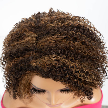 Jerry Curl Human Hair Wig with Bangs, 12-Inch Length and P4/30/27 or P1B/30 Highlight Options