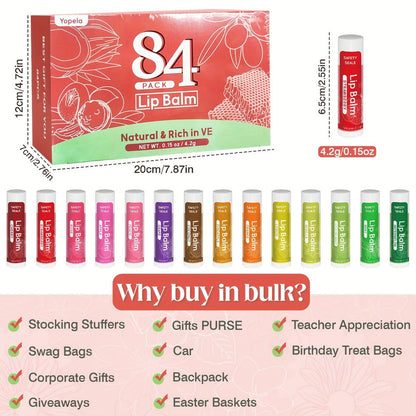 Bulk Lip Balm Set 84 Pcs 14 Assorted Flavors Moisturizing Mini Lipstick Natural Luster Finish – Party Favors for Wedding Bridesmaids Graduation Baby Shower Birthday Events Gift