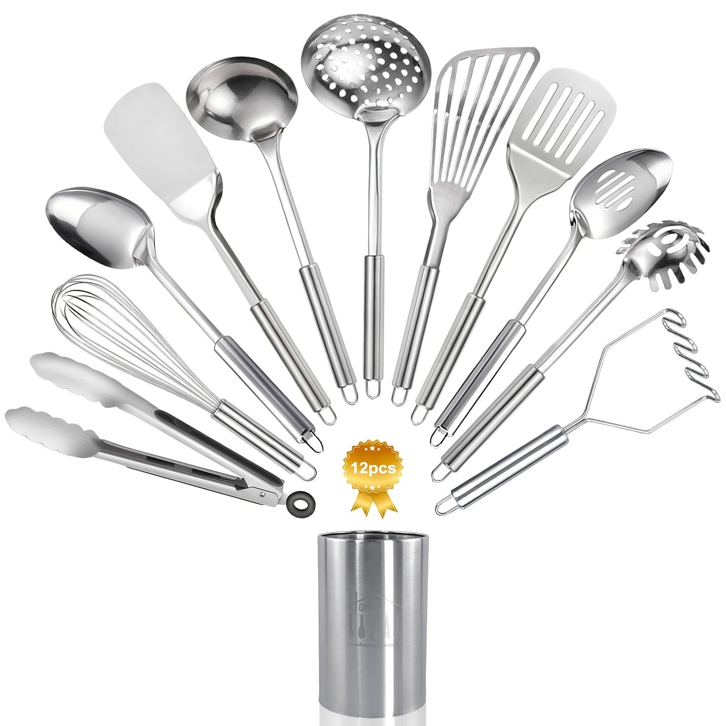 Stainless Steel Kitchen Utensils Set 12 Piece with Holder – Heat Resistant Cooking Utensils, Spatula, Ladle, Tongs, Whisk, Skimmer, Potato Masher, Slotted Spoon