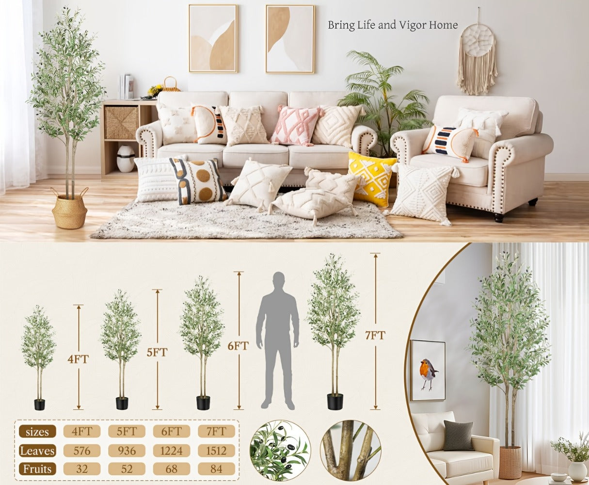Artificial Olive Tree 4/5/6/7 Ft Tall Faux Potted Plant with Realistic Silk Leaves & Fruits for Living Room Home Decor Indoor Outdoor - Maintenance Free Decorative Tree Housewarming Gift