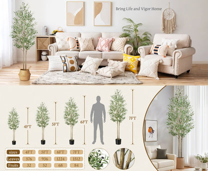 Artificial Olive Tree 4/5/6/7 Ft Tall Faux Potted Plant with Realistic Silk Leaves & Fruits for Living Room Home Decor Indoor Outdoor - Maintenance Free Decorative Tree Housewarming Gift