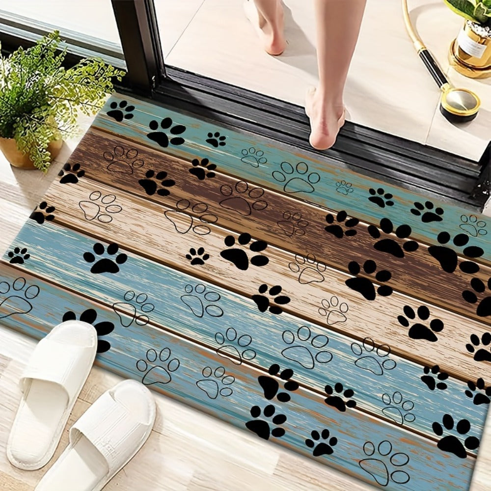 Cat Paw Print Door Mat with Blue and Brown Wood-Look Bands in Three Rectangular Entryway Sizes