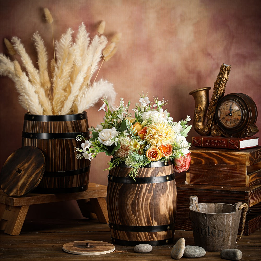 Rustic Wooden Barrel Vases, Two-Piece 8 x 6.5 Inch Set for Dry Artificial Floral Centerpieces and Farmhouse Table Display